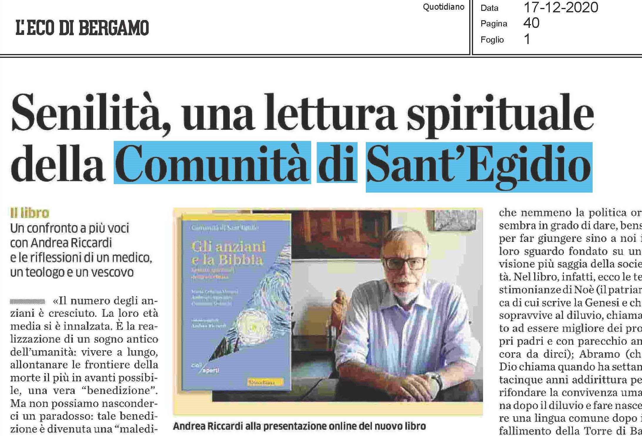 Senilità, una lettura spirituale della Comunità di Sant'Egidio